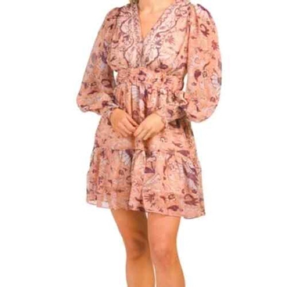 New! O.P.T. Boho Floral Metallic Long Sleeve Mini Dress - Picture 1 of 10